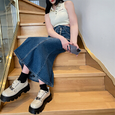 批发2026年秋季通勤蓝色高腰裙身鱼尾中长裙半身裙牛仔半裙