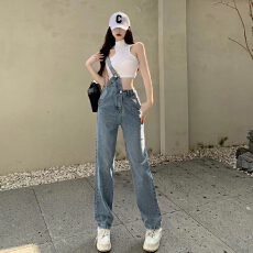 批发潮流背带原宿吊带牛仔裤高腰女气质流行文艺日系春秋新款直筒长裤