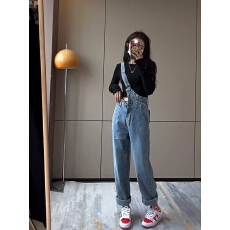 批发潮流背带原宿吊带牛仔裤高腰女气质流行文艺日系春秋新款直筒长裤