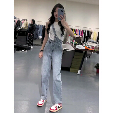 批发潮流背带原宿吊带牛仔裤高腰女气质流行文艺日系春秋新款直筒长裤