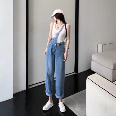 批发潮流背带原宿吊带牛仔裤高腰女气质流行文艺日系春秋新款直筒长裤
