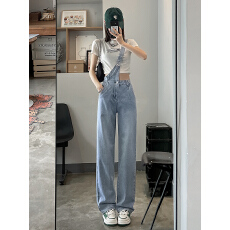 批发潮流背带原宿吊带牛仔裤高腰女气质流行文艺日系春秋新款直筒长裤