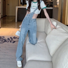 批发潮流背带原宿吊带牛仔裤高腰女气质流行文艺日系春秋新款直筒长裤