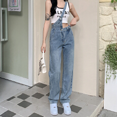 批发潮流背带原宿吊带牛仔裤高腰女气质流行文艺日系春秋新款直筒长裤
