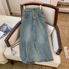 批发高质量秋季高腰宽松显瘦中长款开叉裙气质百搭复古牛仔半身裙