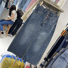 批发高质量秋季高腰宽松显瘦中长款开叉裙气质百搭复古牛仔半身裙