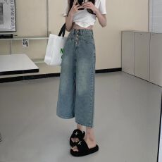 批发高质量秋季高腰宽松显瘦中长款开叉裙气质百搭复古牛仔半身裙