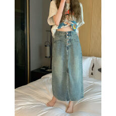 批发高质量秋季高腰宽松显瘦中长款开叉裙气质百搭复古牛仔半身裙