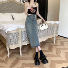 批发高质量秋季高腰宽松显瘦中长款开叉裙气质百搭复古牛仔半身裙
