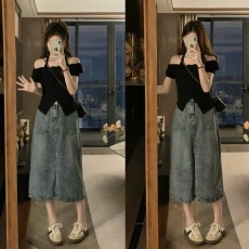 批发春季复古开叉显瘦A字设计感小众包臀中长款裙子高腰牛仔半身裙女