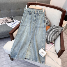 批发春季复古开叉显瘦A字设计感小众包臀中长款裙子高腰牛仔半身裙女