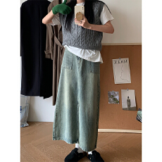 批发春季复古开叉显瘦A字设计感小众包臀中长款裙子高腰牛仔半身裙女