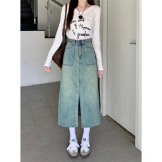 批发春季复古开叉显瘦A字设计感小众包臀中长款裙子高腰牛仔半身裙女