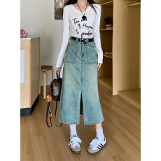 批发春季复古开叉显瘦A字设计感小众包臀中长款裙子高腰牛仔半身裙女