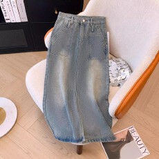 批发春季复古开叉显瘦A字设计感小众包臀中长款裙子高腰牛仔半身裙女