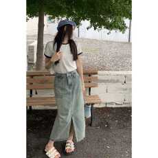 批发春季复古开叉显瘦A字设计感小众包臀中长款裙子高腰牛仔半身裙女