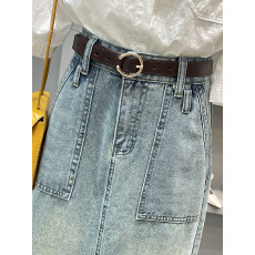 批发春季复古开叉显瘦A字设计感小众包臀中长款裙子高腰牛仔半身裙女