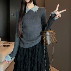 批发撞色拼接假两件翻领长袖针织衫女秋冬新款设计感<b class='q'>修身</b>内搭毛衣上衣