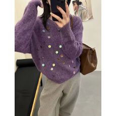 批发2025秋冬新款<b class='q'>韩版</b>宽松慵懒风亮片针织衫女设计感小众毛衣外套上衣