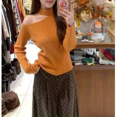 批发斜肩露锁骨长袖针织衫女秋冬内搭<b class='q'>打底衫</b>洋气高级感半<b class='q'>高领</b>挂脖上衣