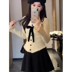 批发法式甜美风蝴蝶结木耳边针织上衣女秋季新款内搭<b class='q'>打底衫</b>小众设计感