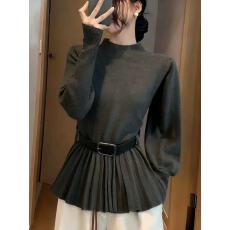 批发内搭外穿半高领收腰毛衣女冬季高知穿搭针织衫赫本风百褶掐腰<b class='q'>上衣</b>