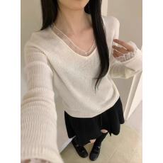 法式木耳边拼接蕾丝长袖针织衫女秋冬V领内搭打底毛衣高级感上衣