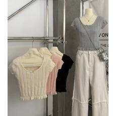 批发法式U领蝴蝶结正肩短袖T恤女2026新款爆款春季薄款短款上衣针织衫