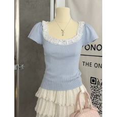 批发<b class='q'>韩</b>系蕾丝边U领短袖T恤女春季2026年新款巨好看小个子短款漂亮上衣