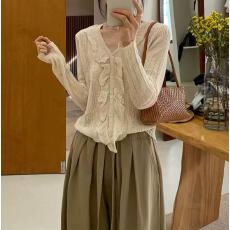 批发2026年春季韩系温柔荷叶边V领薄款<b class='q'>针织</b><b class='q'>开衫</b>女短款显瘦防晒外套