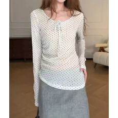 法式辣妹波点系带v领长袖t恤女早春内搭纯欲风修身绝美漂亮小上衣