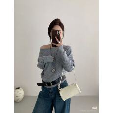 2026新款洋气斜肩亲肤显瘦针织衫早春气质百搭短款打底上衣配腰带