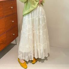 批发法式温柔甜美重工刺绣蕾丝<b class='q'>网纱</b>半身裙女春夏高腰显瘦A字大摆<b class='q'>长裙</b>