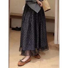 批发韩系<b class='q'>网纱</b>拼接松紧腰碎花半身裙2026春季新款女甜美百搭中长A字裙