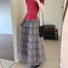 批发2026春季新款复古荷叶边超仙层次感<b class='q'>网纱</b>蛋糕裙松紧腰休闲中<b class='q'>长裙女</b>