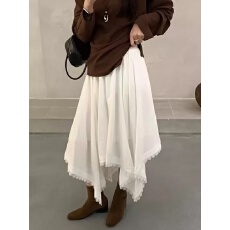 批发韩系不规则蕾丝拼接<b class='q'>半身裙</b>女春季新款百褶裙高腰显瘦百搭a字长裙