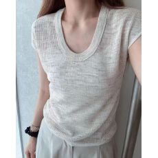 批发U领老钱风薄款针织衫短袖t恤女春夏季2026新款法式小飞袖修身上衣