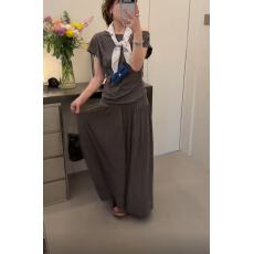 批发2026<b class='q'>夏</b>季新款法式气质慵懒风斜肩短袖上衣搭配高腰半身裙两件套装