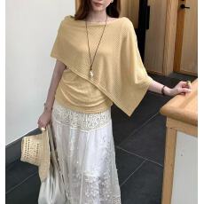 批发假两件针织短袖t恤女2026新款夏季不规则斗篷宽松内搭<b class='q'>打底衫</b>上衣