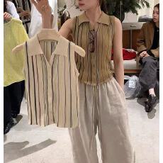 批发老钱风撞色竖条纹polo领针织背心女2026夏季气质修身显瘦无袖上衣