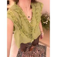 批发法式温柔风V领无袖蕾丝<b class='q'>衬衫</b>女2026夏季花边减龄气质收腰显瘦上衣
