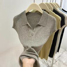 批发老钱风Polo翻领针织短袖T恤女夏外穿内搭打底衫小v领正肩<b class='q'>修身</b>上衣