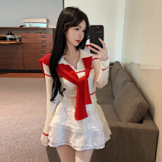 批发实拍实价 甜美学院风针织<b class='q'>打底衫</b>上衣+披肩+高腰蕾丝蓬蓬裙套装