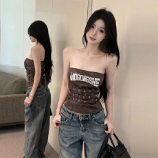 批发实拍实价 美式辣妹风<b class='q'>复古</b>字母印花pu皮抹胸背心性感露脐短款上衣