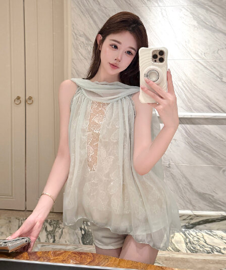 실사 정가 프랑스식 순수한 욕망 바람 품격 민소매 맨위 달콤함 레이스 안감 패치워크 리본 칼라 쉬폰 블라우스