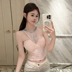 批发实拍实价 纯欲风挂脖网纱拼接抹胸背心性感烫钻上衣低腰<b class='q'>牛仔</b>短裤