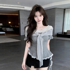 批发实拍实价 纯欲蕾丝拼接条纹绑带假两件短袖t恤<b class='q'>不规则</b>收腰显瘦上衣