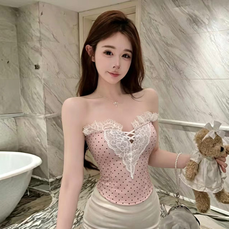 RY5866# 纯欲性感蕾丝波点花边设计感波点抹胸收腰显瘦吊带上衣