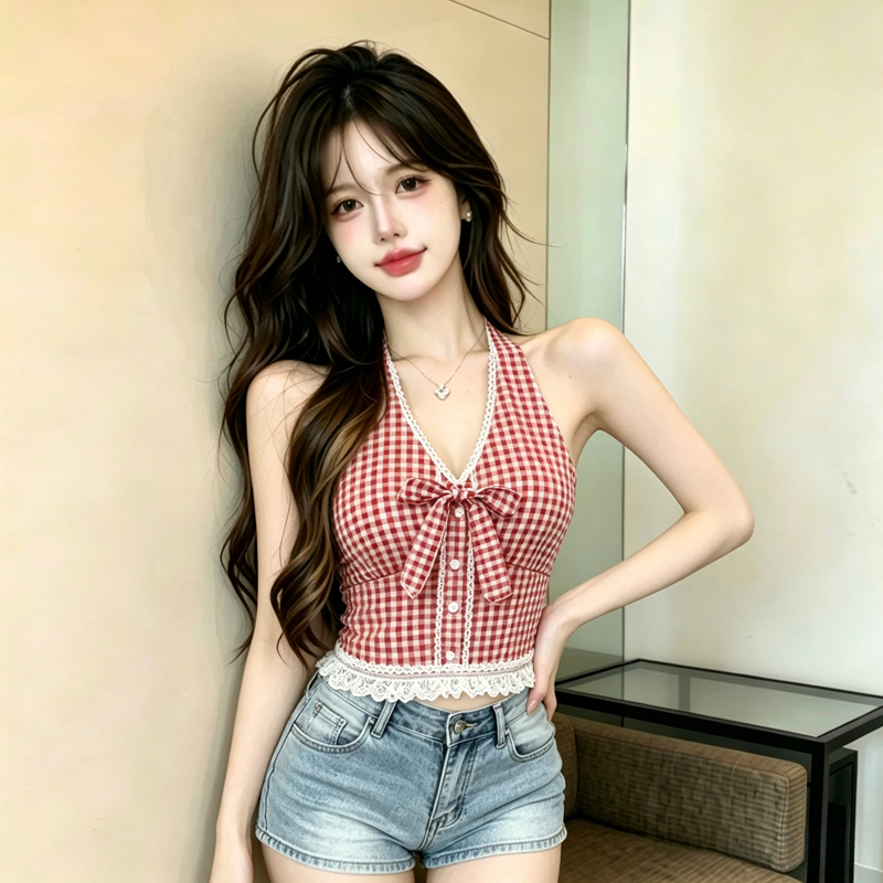 RY5863# 甜辣风蕾丝拼接撞色格子挂脖系带背心甜美蝴蝶结上衣女