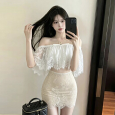批发实拍实价 纯欲辣妹绝美白色蕾丝抹胸上衣高腰包臀<b class='q'>半身</b><b class='q'>短裙</b>套装女